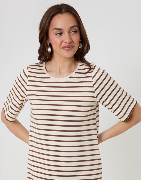 Threadbare Jersey Maxi T-Shirt Dress in Mocha Brown Stripe - front view close up