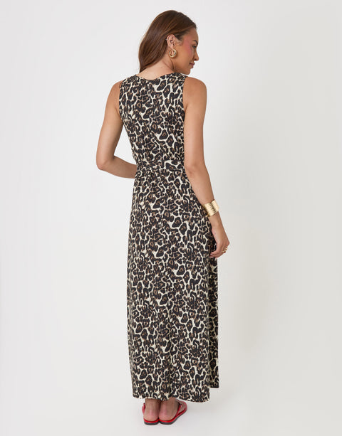 Threadbare Cotton Jersey Trapeze Maxi Dress in Leopard Print - back view