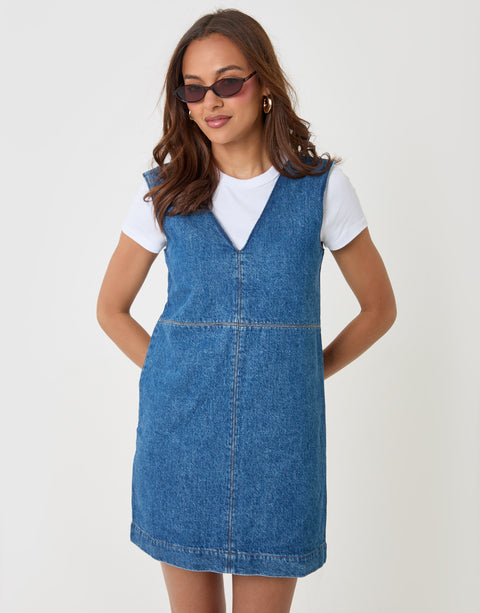Threadbare Denim V-Neck Mini Dress in Mid Wash - front 