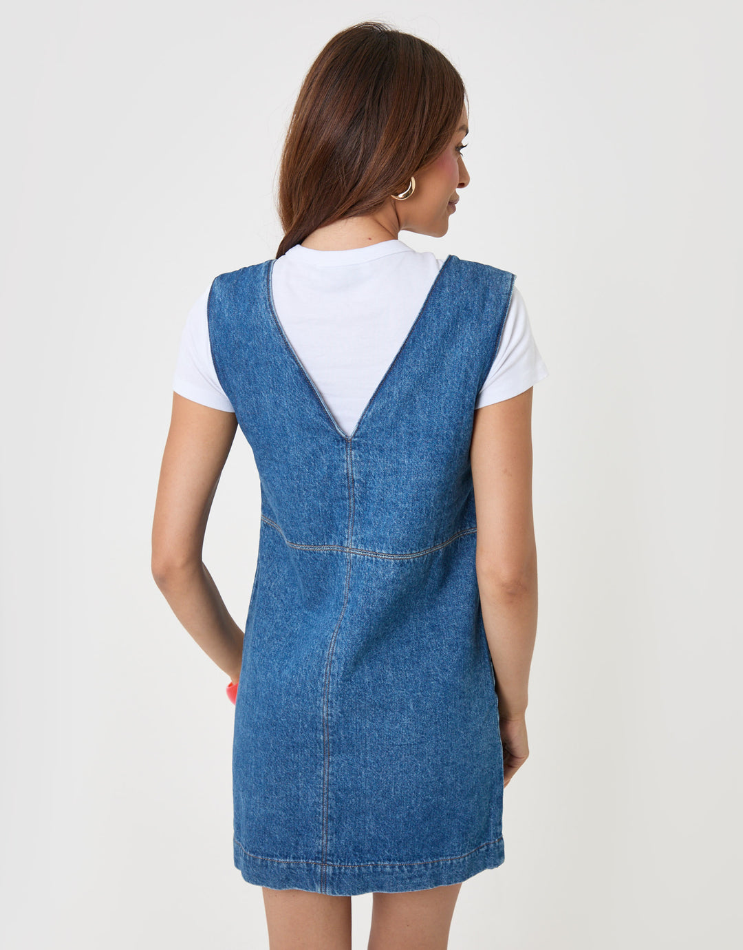 Threadbare Denim V-Neck Mini Dress in Mid Wash - back view