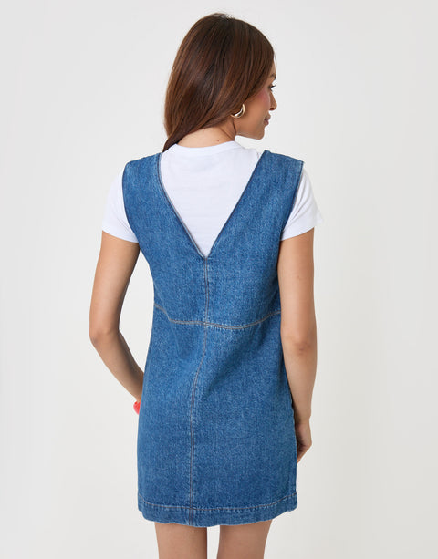 Threadbare Denim V-Neck Mini Dress in Mid Wash - back view