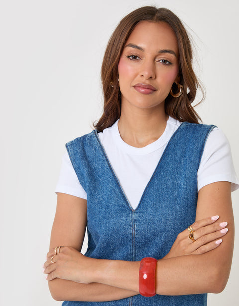 Threadbare Denim V-Neck Mini Dress in Mid Wash - close up
