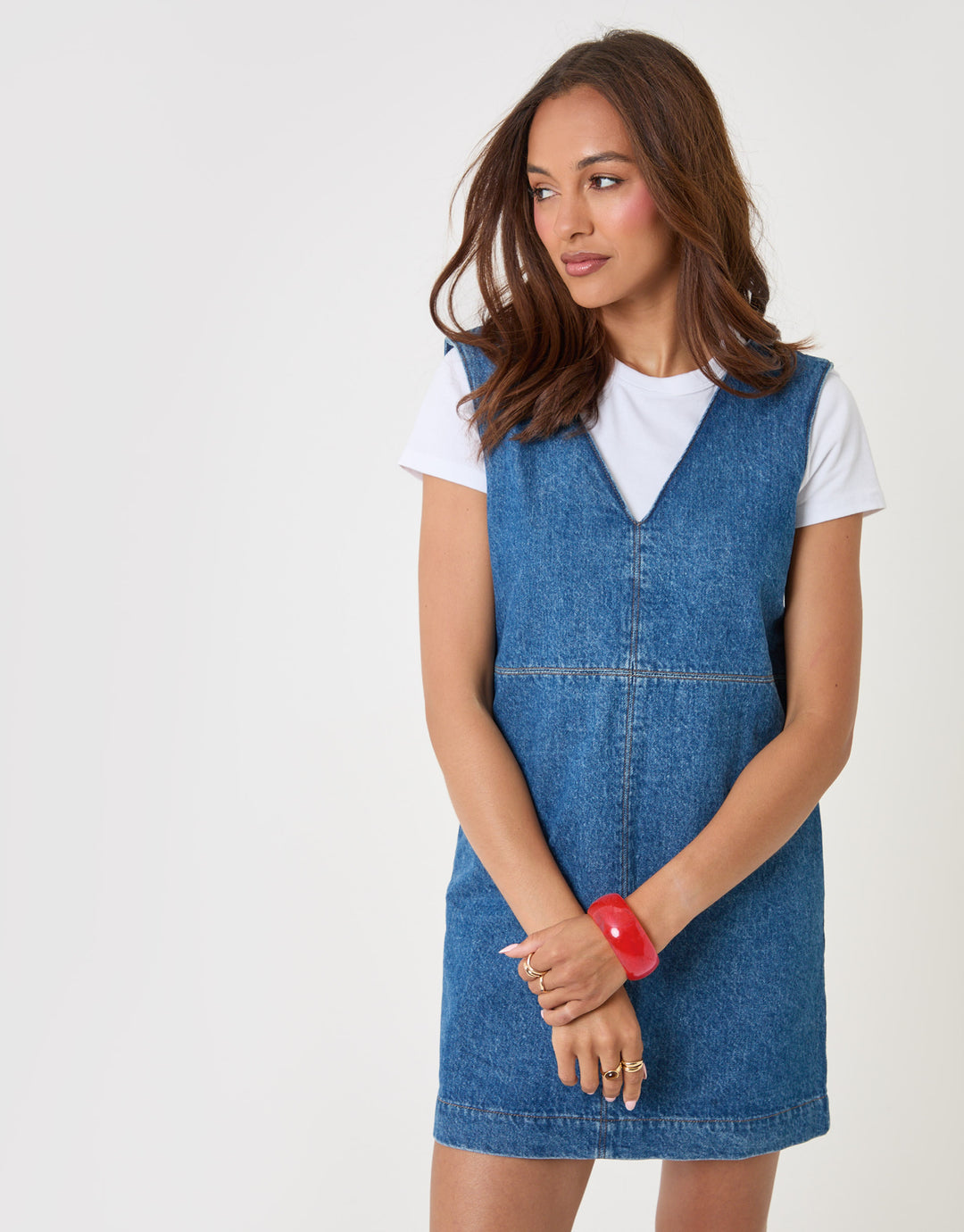 Threadbare Denim V-Neck Mini Dress in Mid Wash - front view