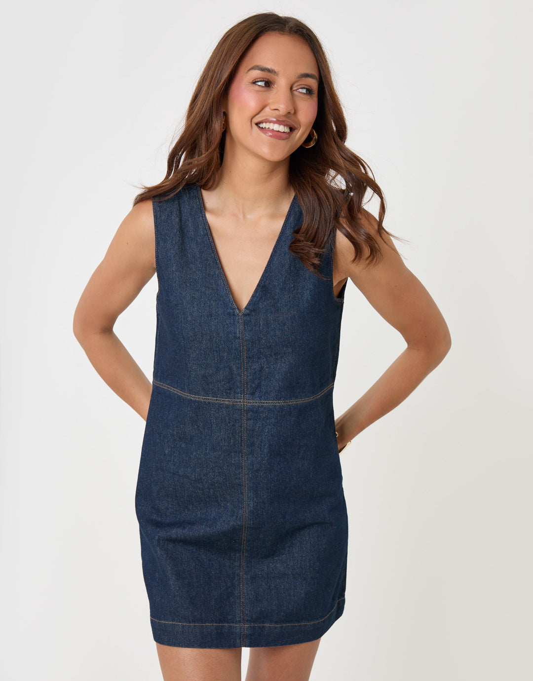 Threadbare Denim V-Neck Mini Dress in Indigo - front without top