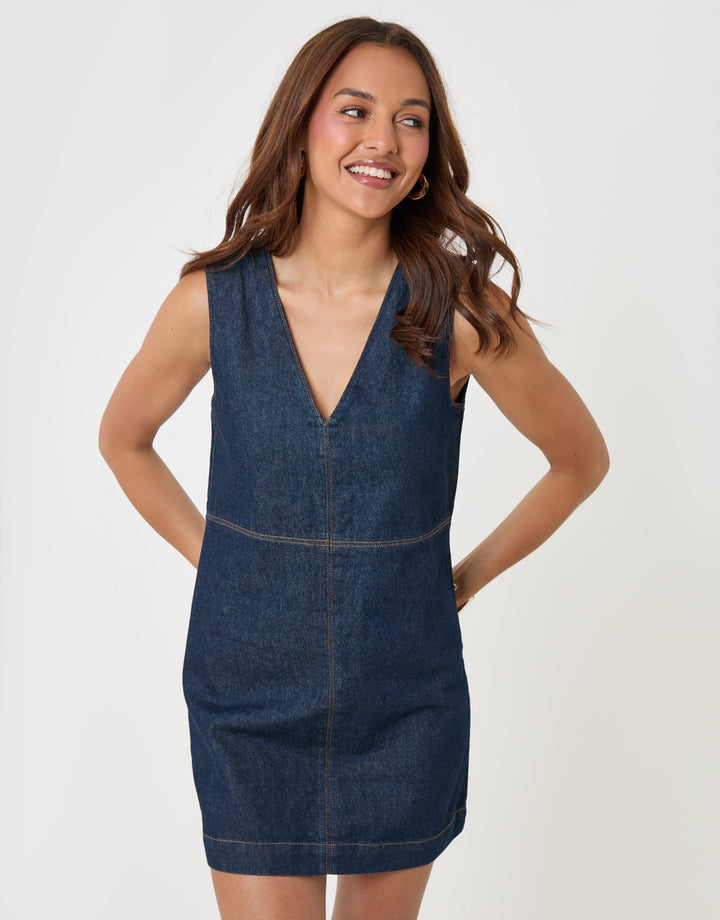 Threadbare Denim V-Neck Mini Dress in Indigo - front without top