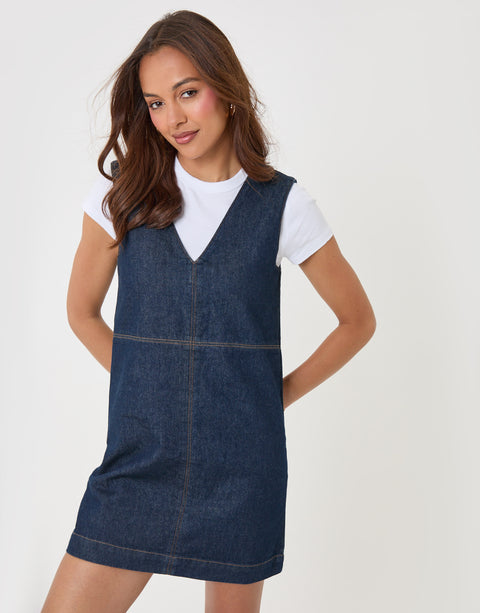Threadbare Denim V-Neck Mini Dress in Indigo - front view