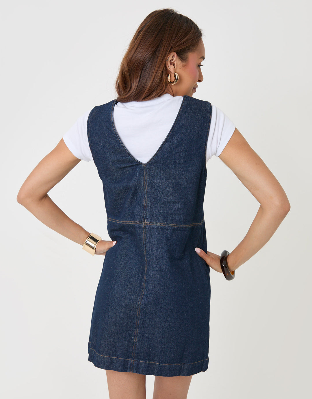 Threadbare Denim V-Neck Mini Dress in Indigo - back view
