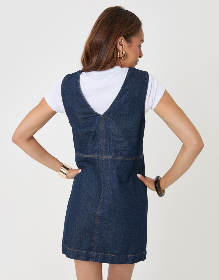 Threadbare Denim V-Neck Mini Dress in Indigo - back view