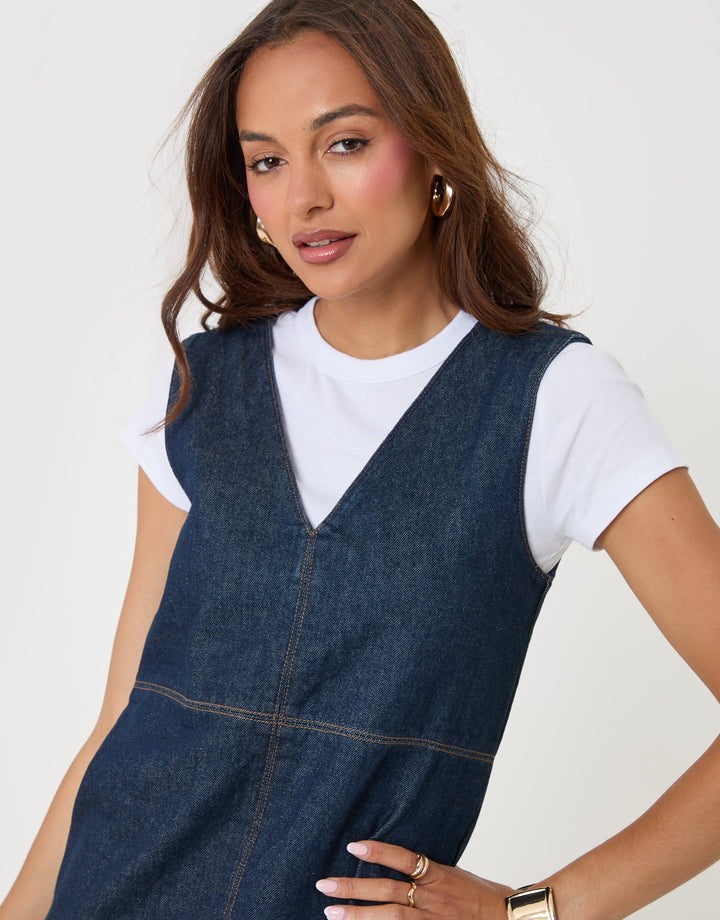 Threadbare Denim V-Neck Mini Dress in Indigo - close up