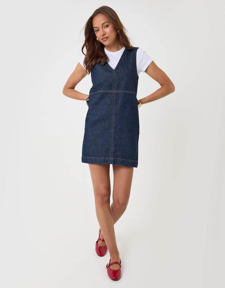 Threadbare Denim V-Neck Mini Dress in Indigo - full body