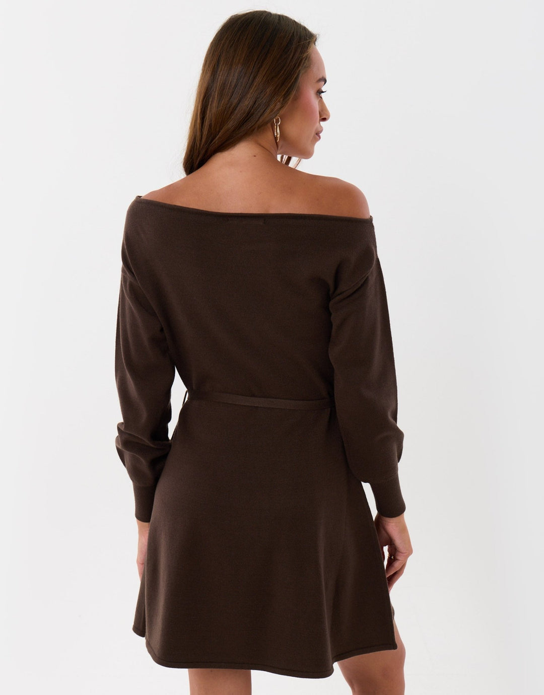 Slash Neck Belted Mini Jumper Dress in Chocolate Brown
