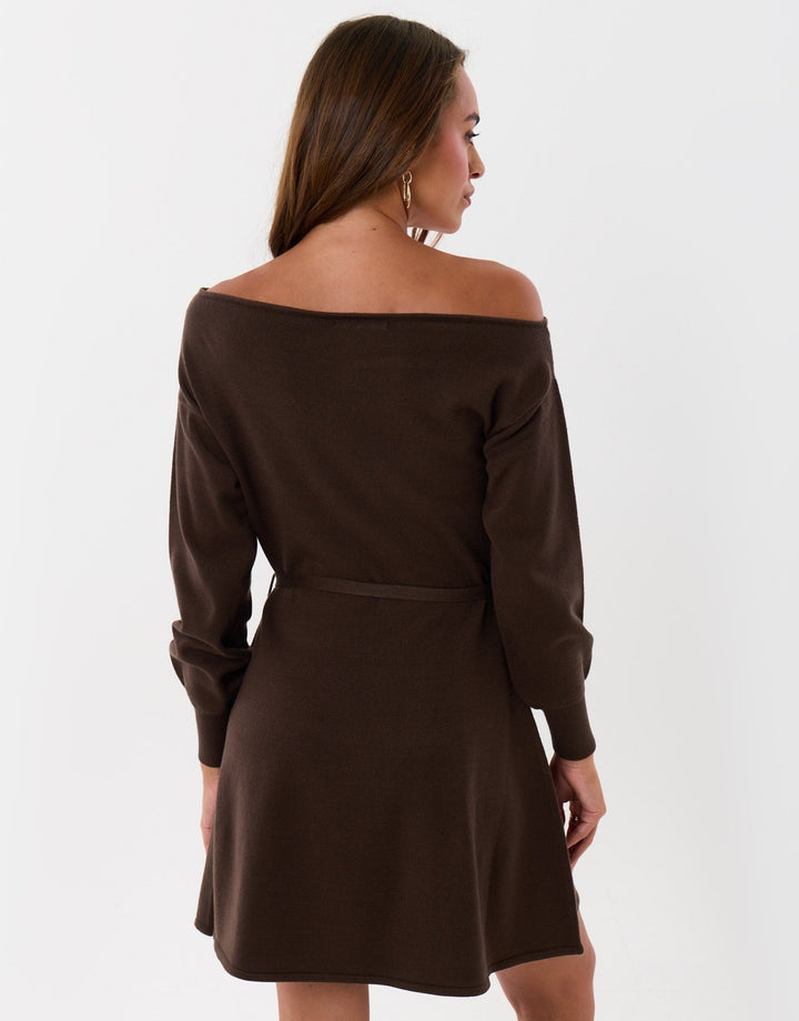 Slash Neck Belted Mini Jumper Dress in Chocolate Brown