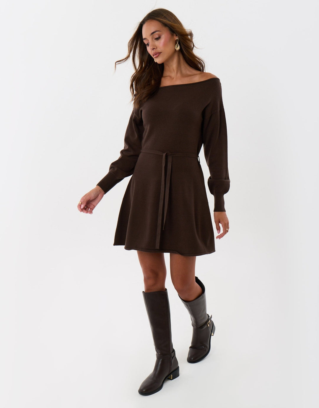 Slash Neck Belted Mini Jumper Dress in Chocolate Brown