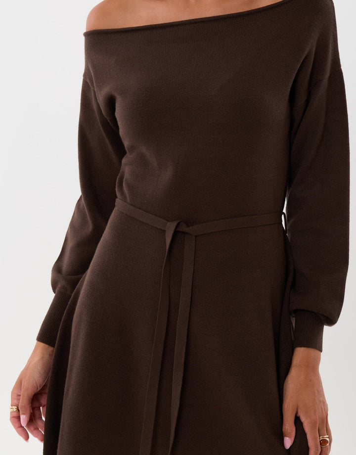 Slash Neck Belted Mini Jumper Dress in Chocolate Brown