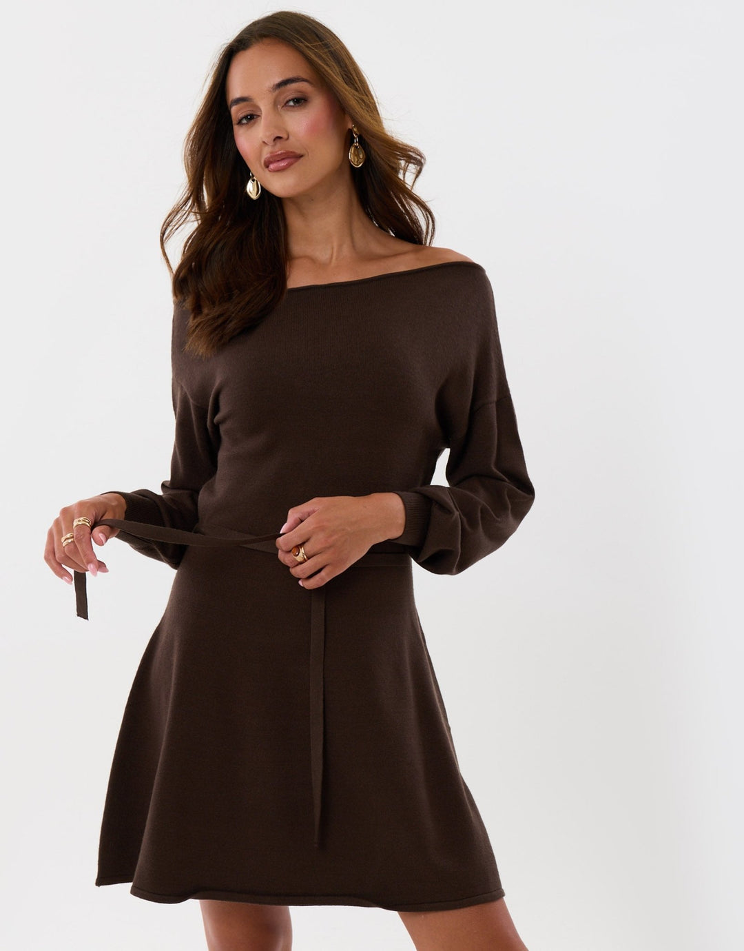 Slash Neck Belted Mini Jumper Dress in Chocolate Brown