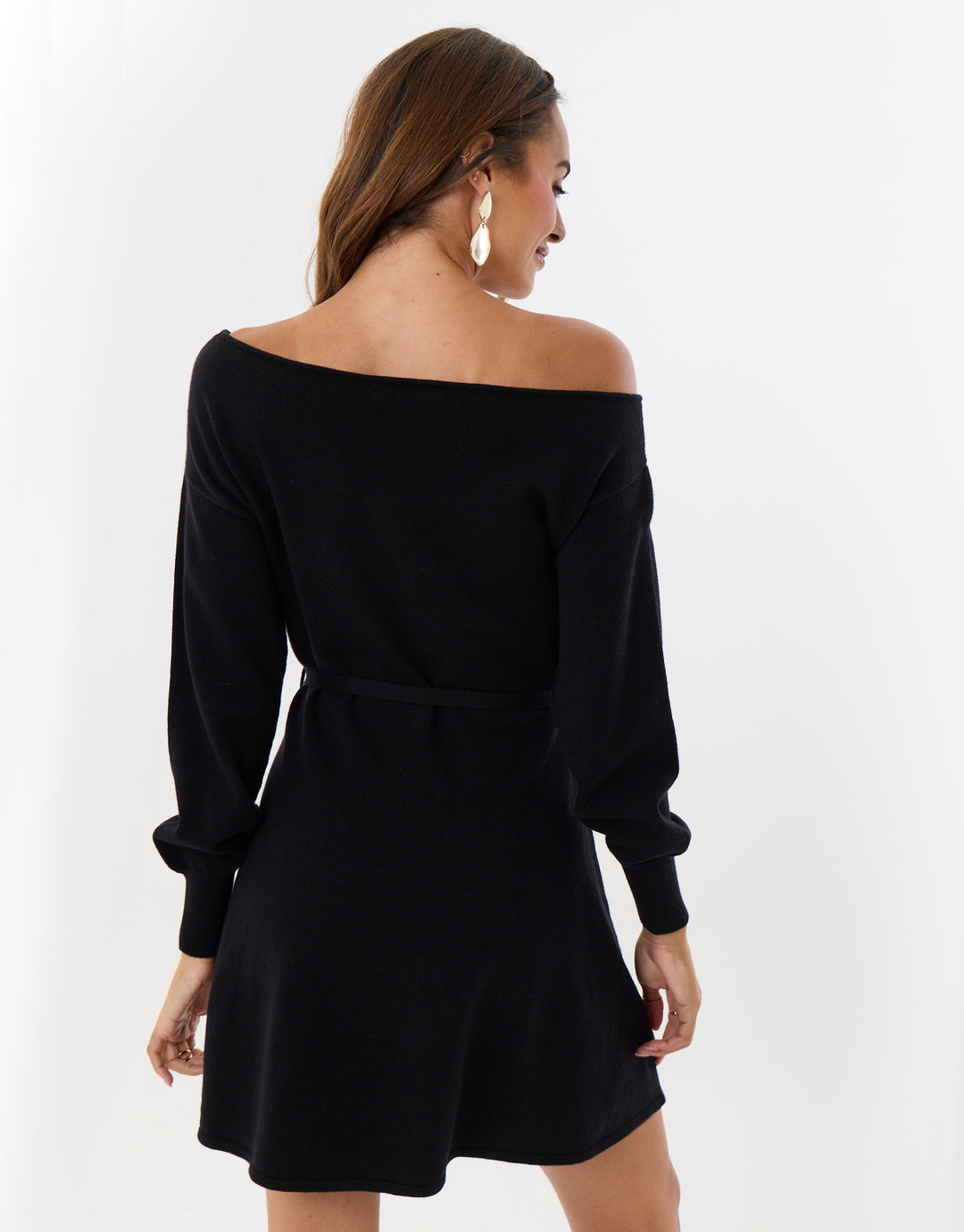 Petite Slash Neck Belted Mini Jumper Dress in Black