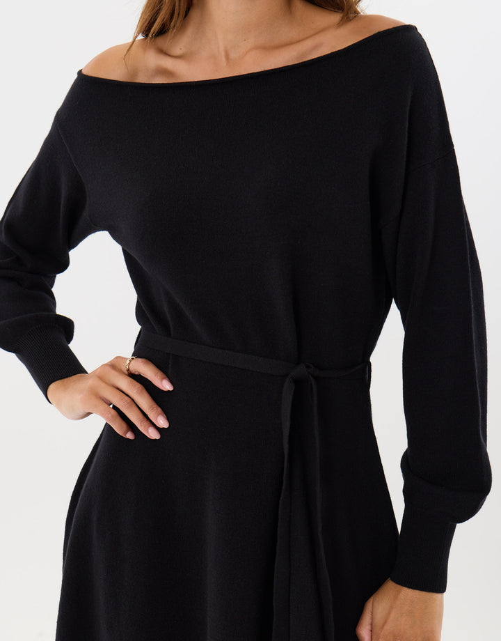 Petite Slash Neck Belted Mini Jumper Dress in Black