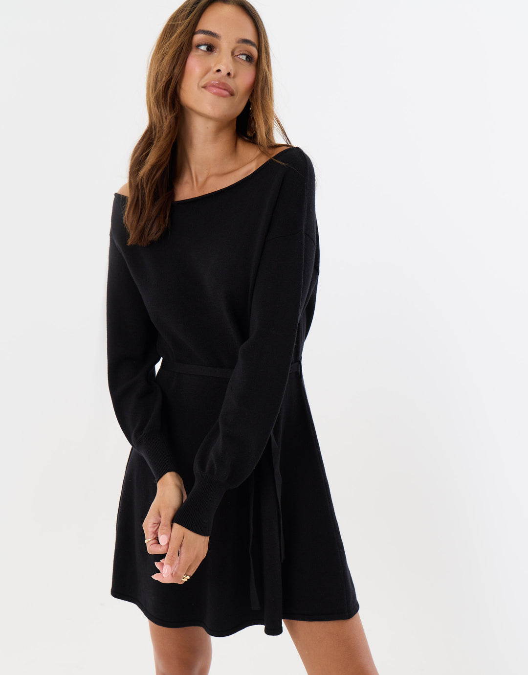 Petite Slash Neck Belted Mini Jumper Dress in Black