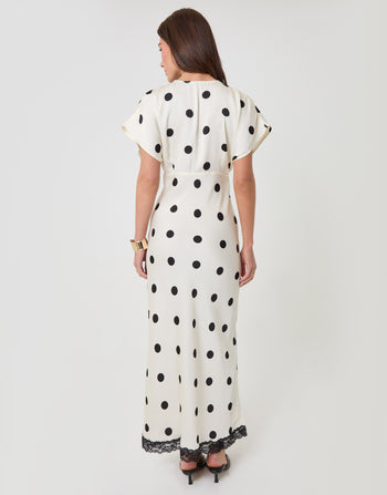 Threadbare Satin Lace Trim Tea Dress in Mono Polka Dot - back view