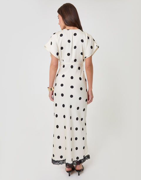 Threadbare Satin Lace Trim Tea Dress in Mono Polka Dot - back view