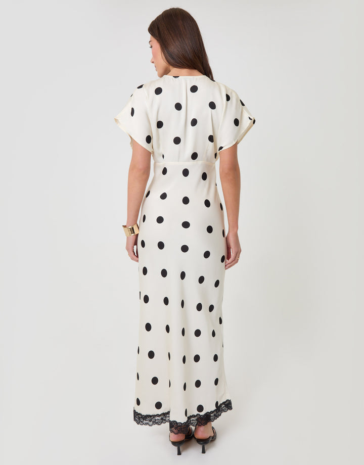 Threadbare Satin Lace Trim Tea Dress in Mono Polka Dot - back view