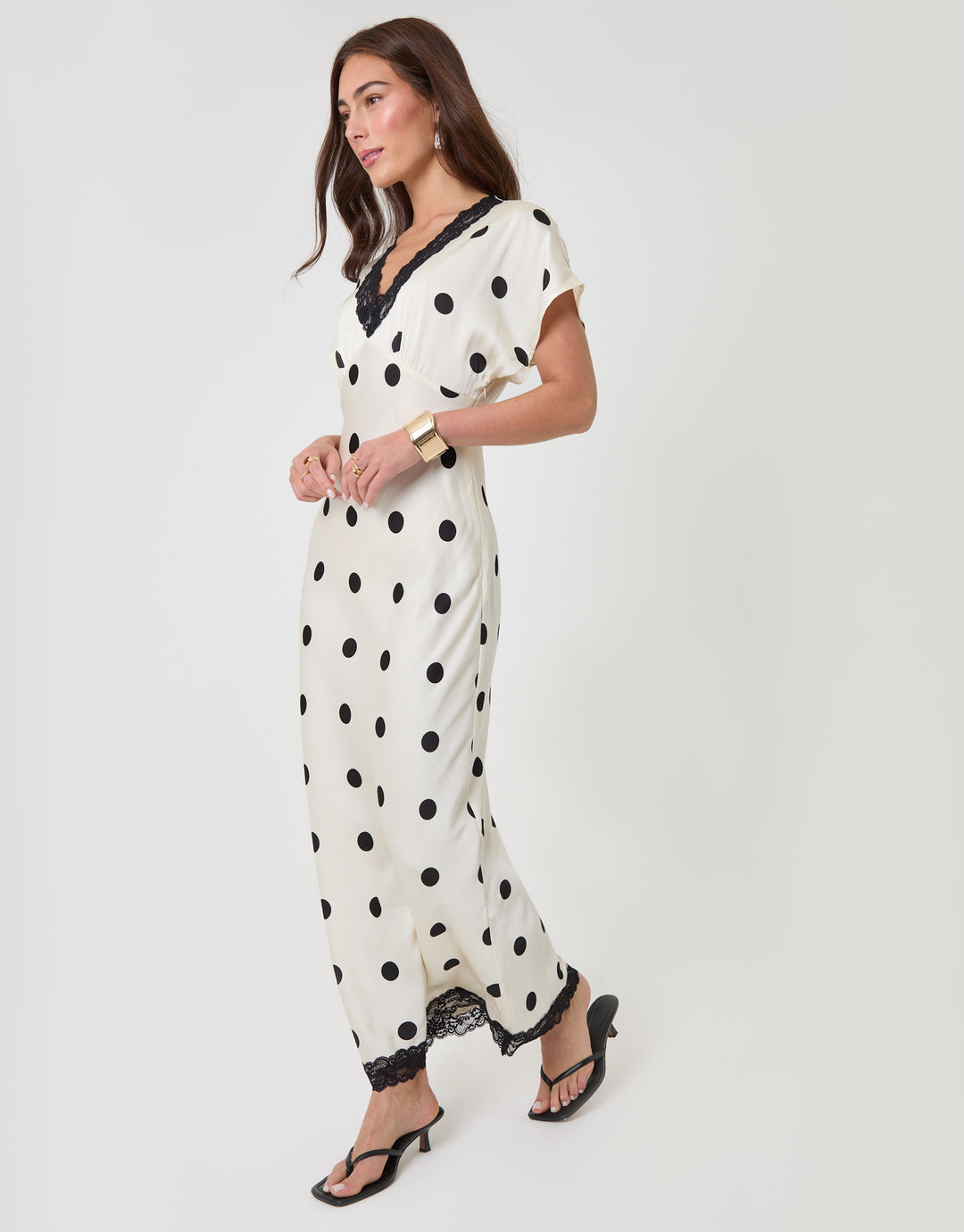 Threadbare Satin Lace Trim Tea Dress in Mono Polka Dot - front view