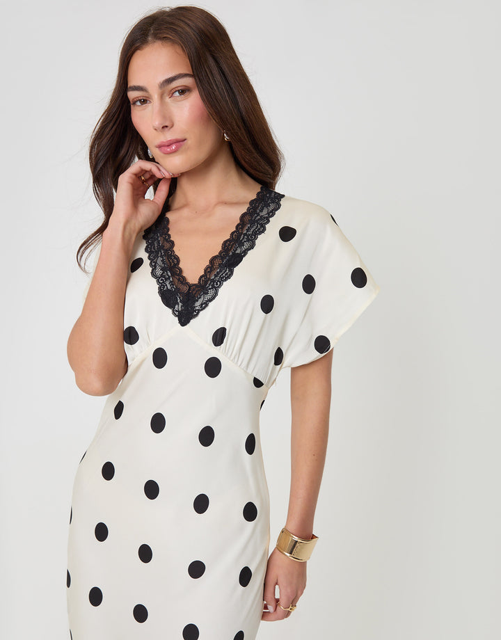 Threadbare Satin Lace Trim Tea Dress in Mono Polka Dot - close up