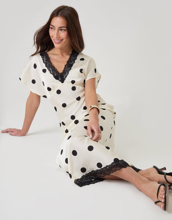 Threadbare Satin Lace Trim Tea Dress in Mono Polka Dot - sat down