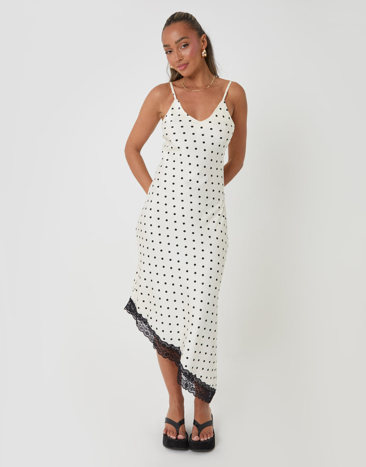 Threadbare Satin Lace Trim Maxi Dress in White Polka Dot - full body