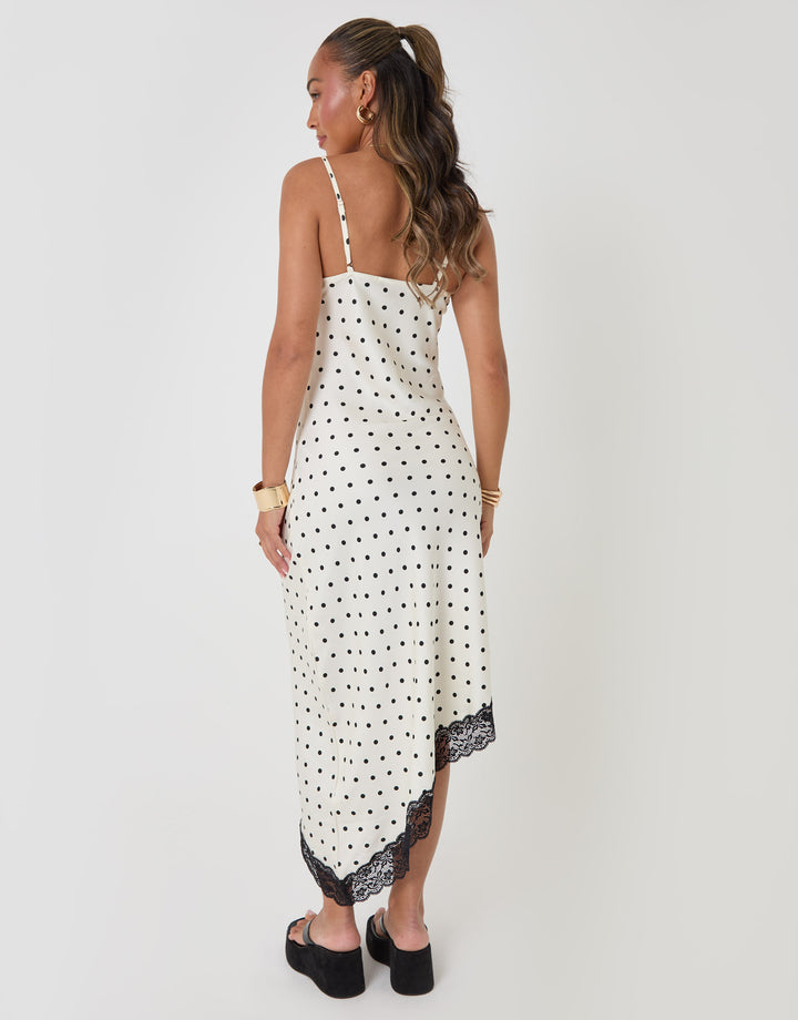 Threadbare Satin Lace Trim Maxi Dress in White Polka Dot - back view