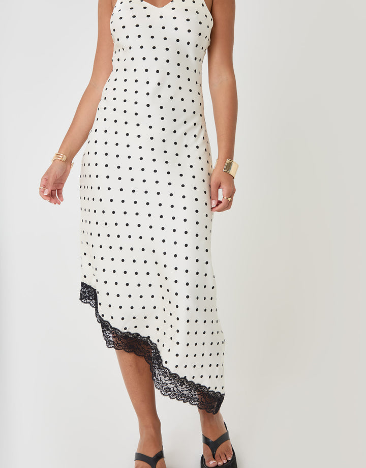 Threadbare Satin Lace Trim Maxi Dress in White Polka Dot - close up