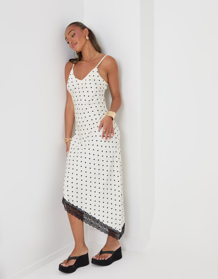 Threadbare Satin Lace Trim Maxi Dress in White Polka Dot - full body