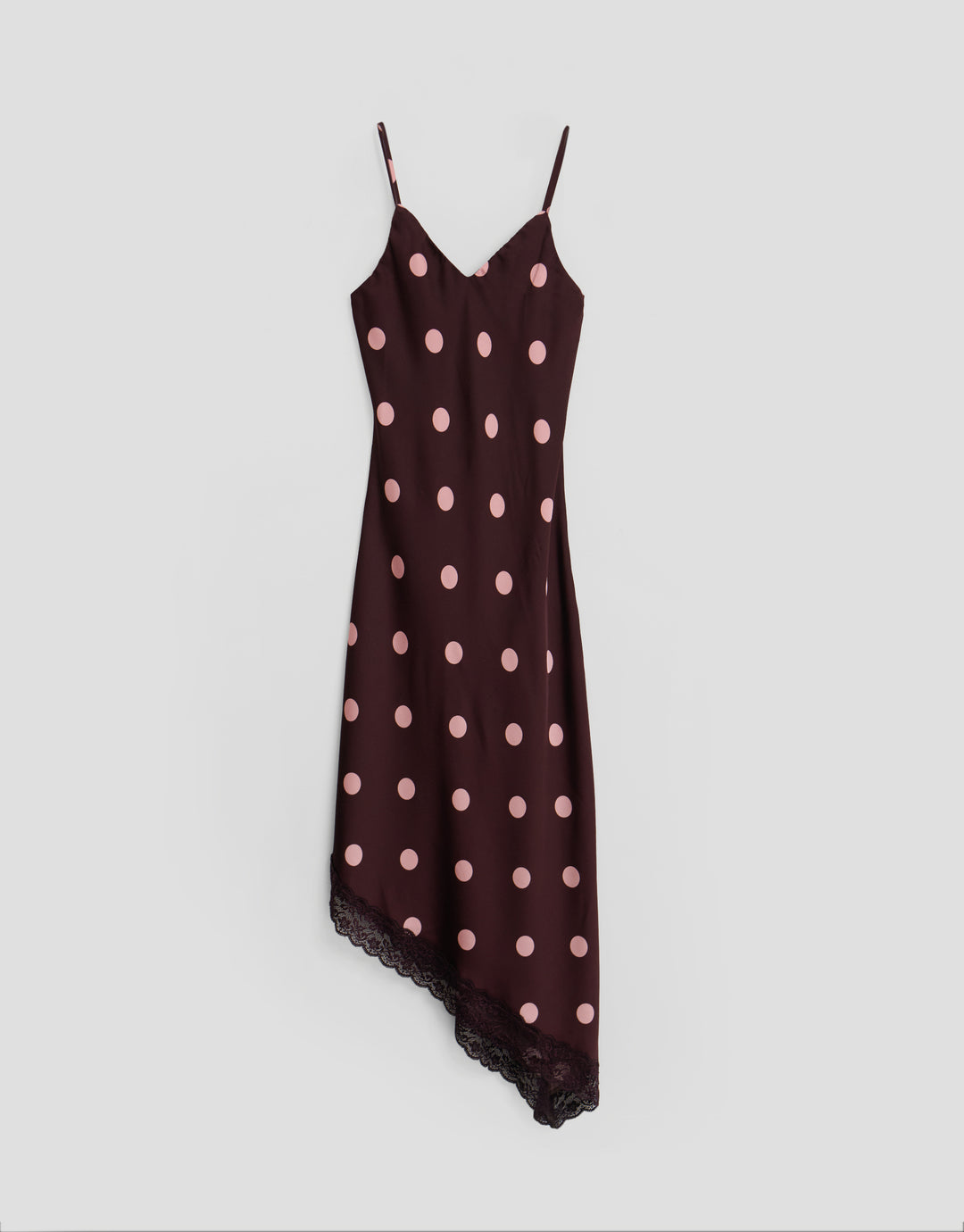 Threadbare Satin Lace Trim Maxi Dress in Burgundy Polka Dot - flat lay