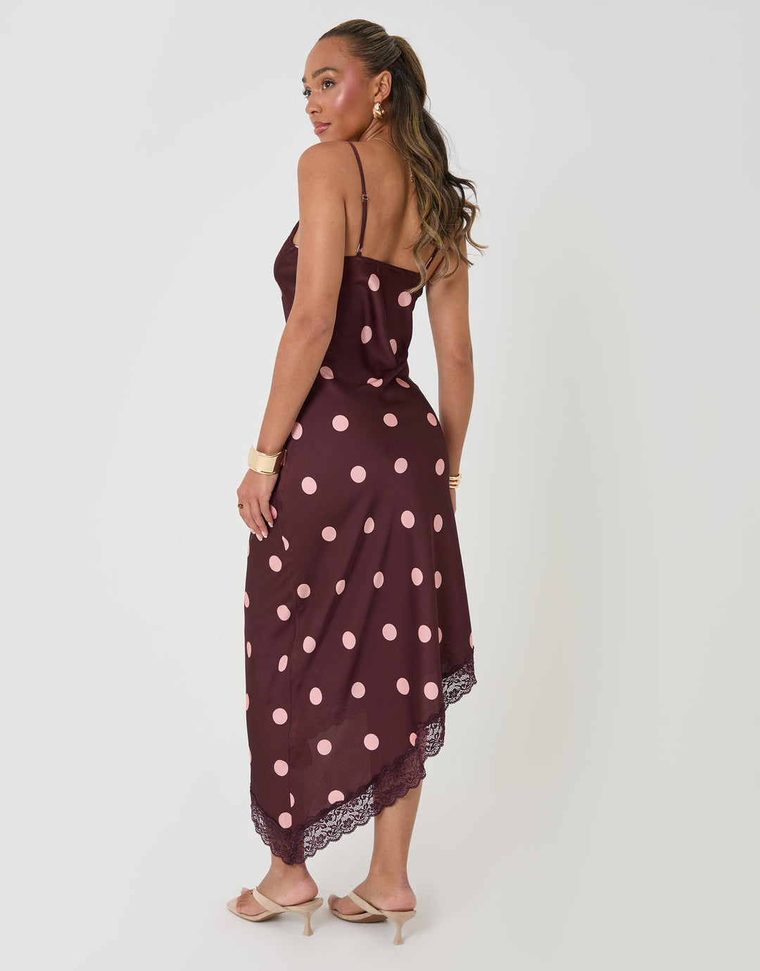 Threadbare Satin Lace Trim Maxi Dress in Burgundy Polka Dot - back view