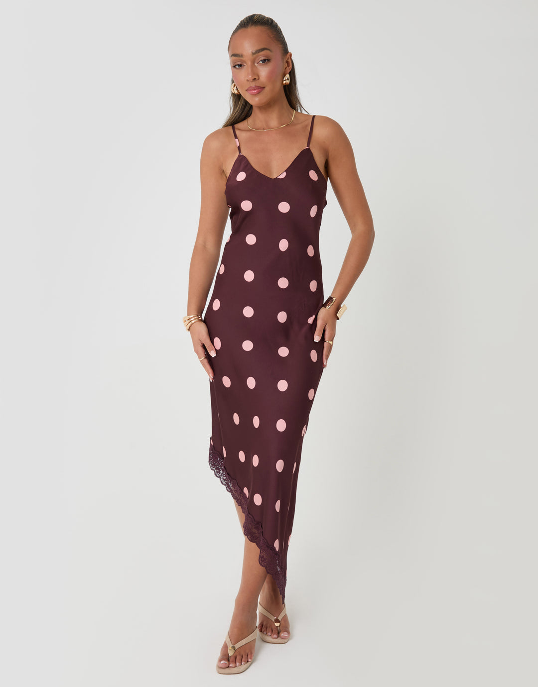 Threadbare Satin Lace Trim Maxi Dress in Burgundy Polka Dot - front view