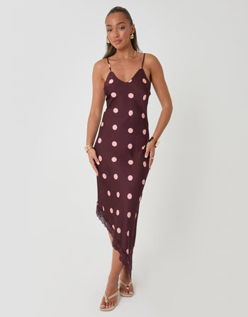 Threadbare Satin Lace Trim Maxi Dress in Burgundy Polka Dot - front view
