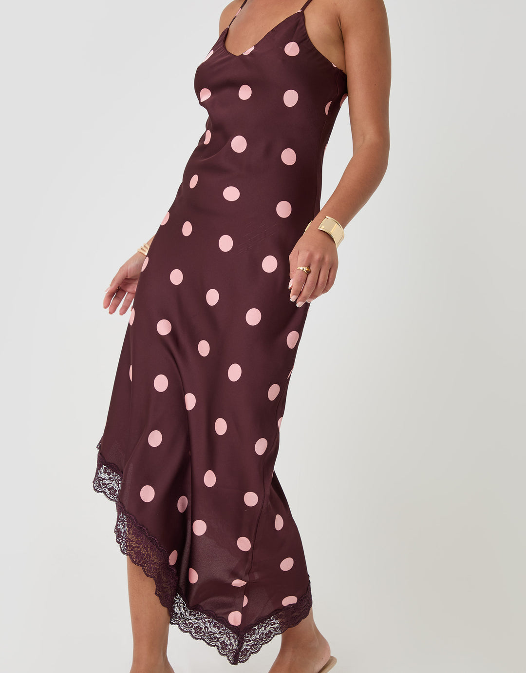 Threadbare Satin Lace Trim Maxi Dress in Burgundy Polka Dot - detail