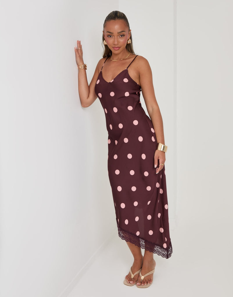 Satin Lace Trim Maxi Dress Polka Dot