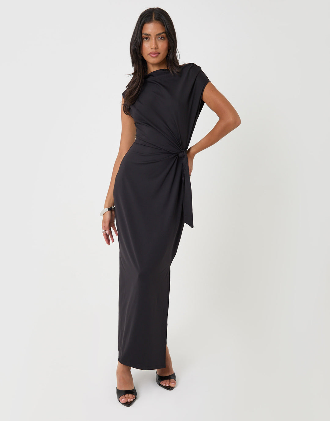 Threadbare Twist Detail Slash Neck Maxi Dress in Black - front view