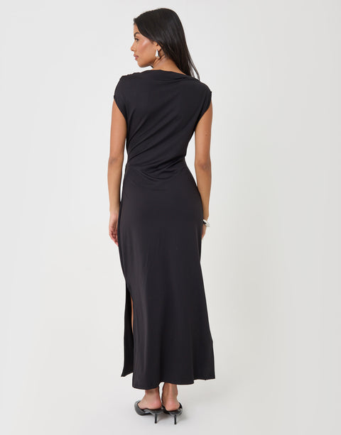 Threadbare Twist Detail Slash Neck Maxi Dress in Black -vback view