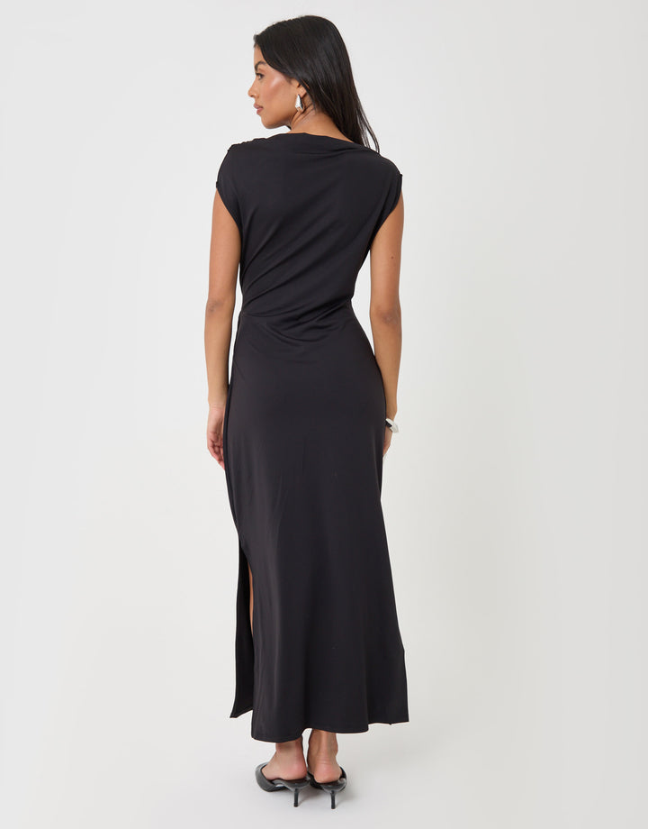 Threadbare Twist Detail Slash Neck Maxi Dress in Black -vback view