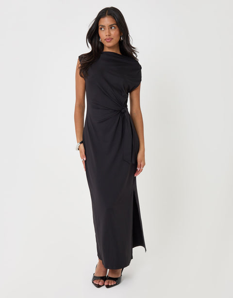 Threadbare Twist Detail Slash Neck Maxi Dress in Black - full body