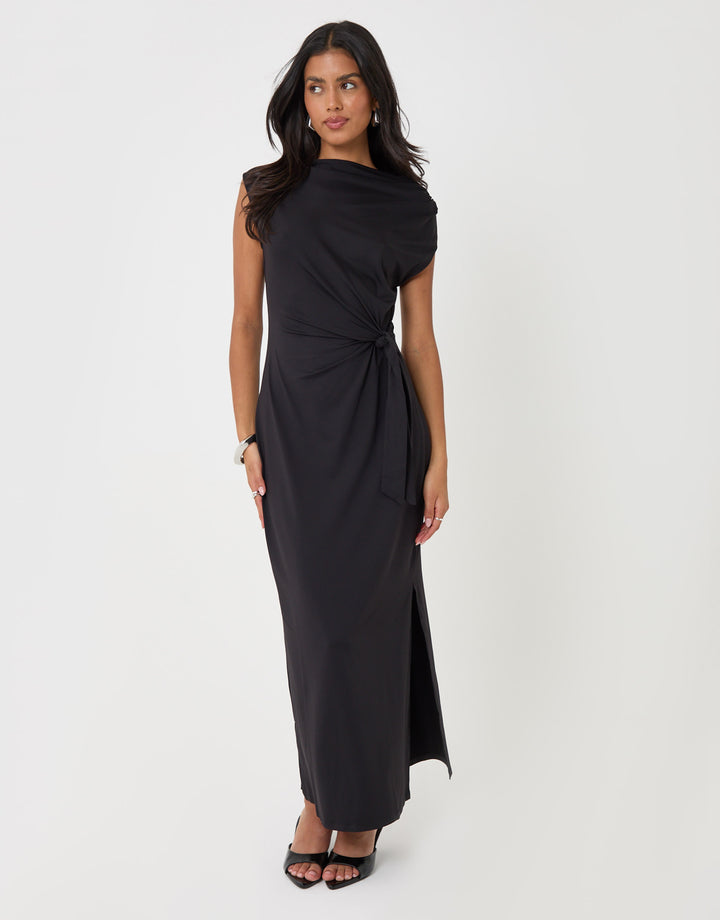 Threadbare Twist Detail Slash Neck Maxi Dress in Black - full body