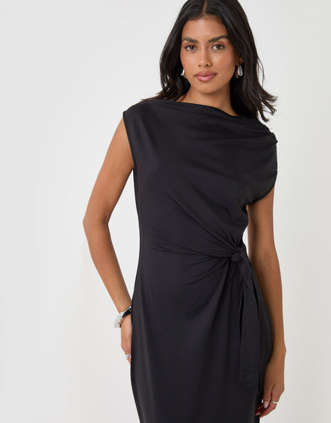 Threadbare Twist Detail Slash Neck Maxi Dress in Black - close up