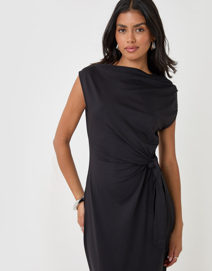 Threadbare Twist Detail Slash Neck Maxi Dress in Black - close up