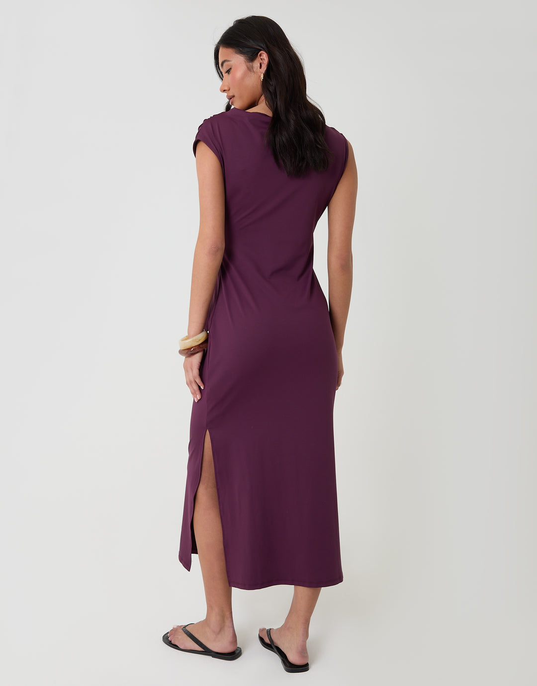 Threadbare Twist Detail Slash Neck Maxi Dress in Plum - back view