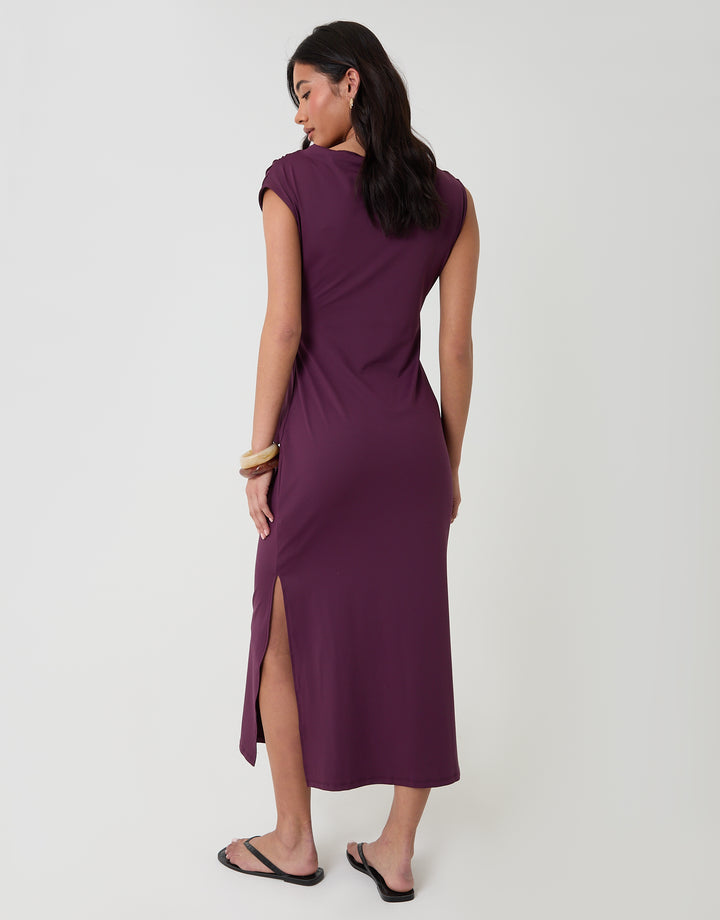 Threadbare Twist Detail Slash Neck Maxi Dress in Plum - back view