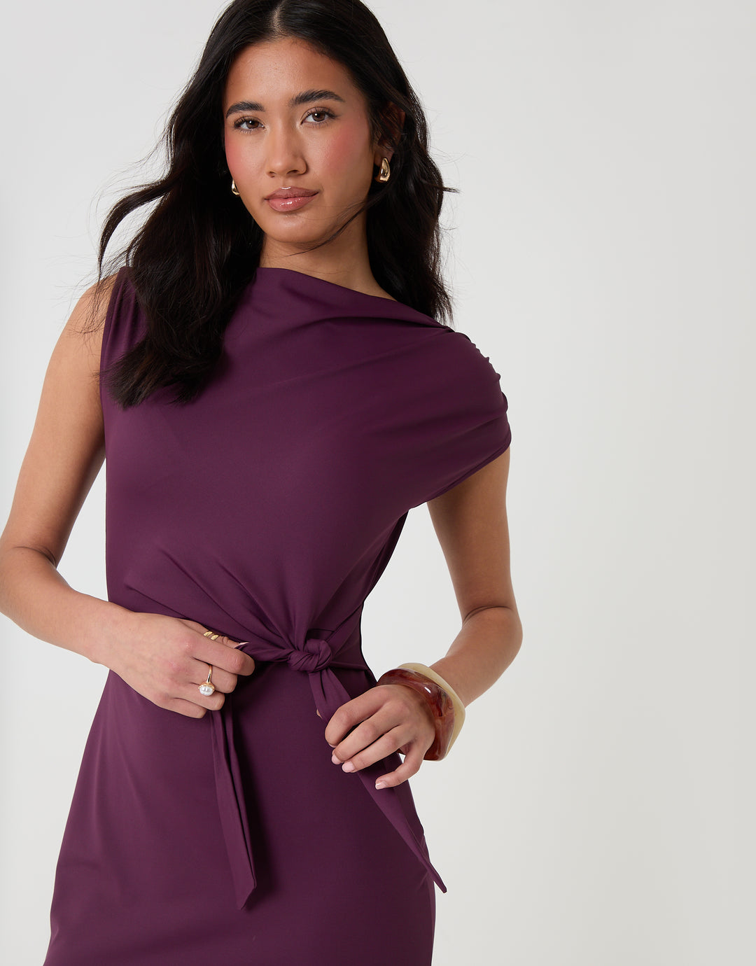 Threadbare Twist Detail Slash Neck Maxi Dress in Plum - close up