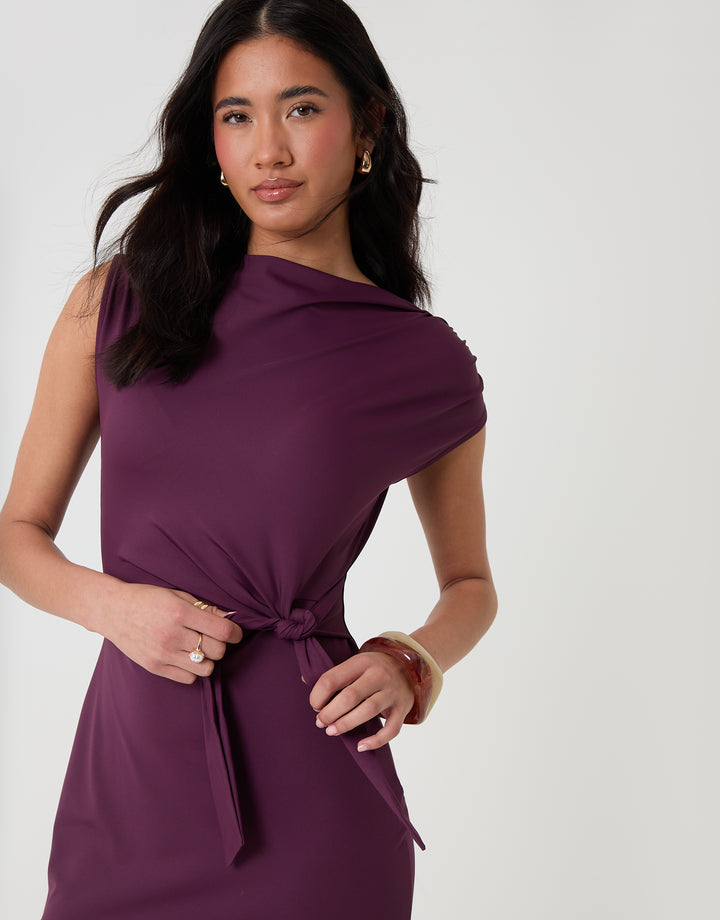 Threadbare Twist Detail Slash Neck Maxi Dress in Plum - close up