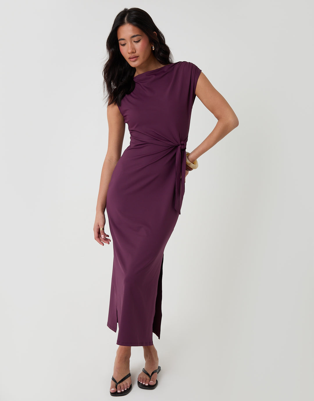 Threadbare Twist Detail Slash Neck Maxi Dress in Plum - full body